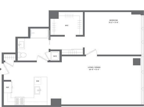 Floor plan for 1 bed, 1 bath, 905 sqft